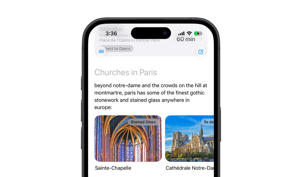 Frida answering a question about churches in Paris on iPhone