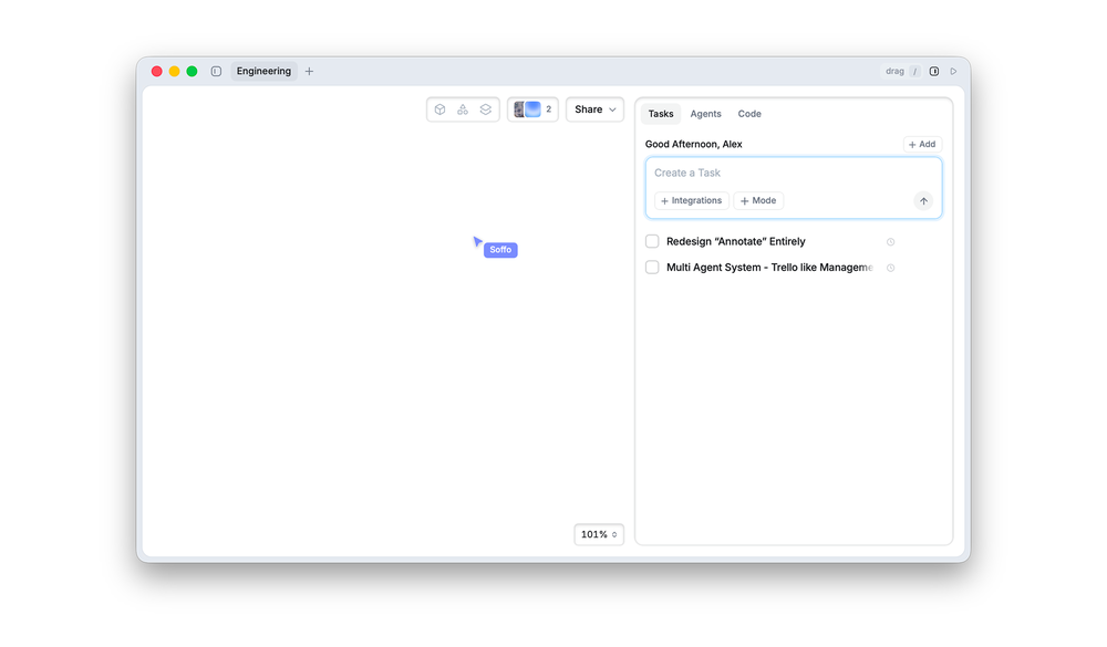 Soffo engineering workspace with an agent task list